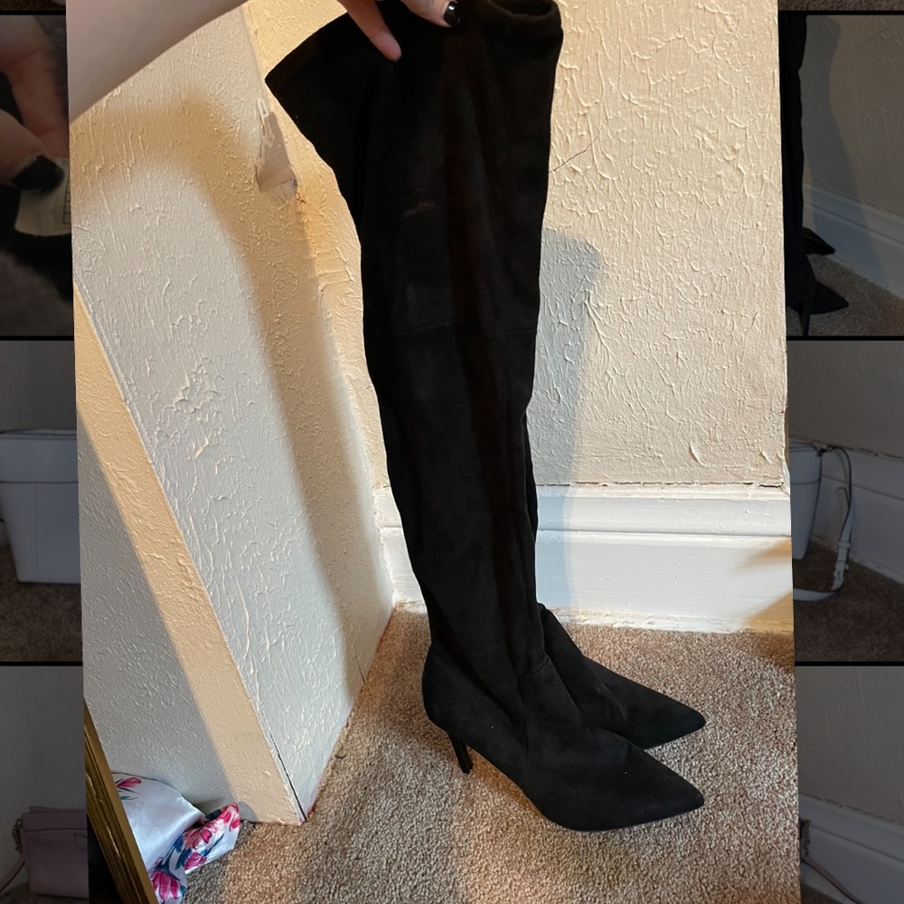 Black velvet thigh high heeled boots - Size 9